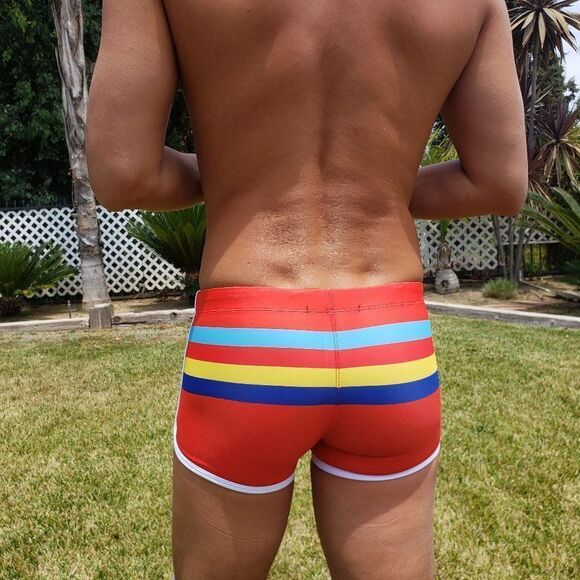 Men's Sexy Striped Swimwear Trunks Resort Shorts Red L - Picture 3 of 6